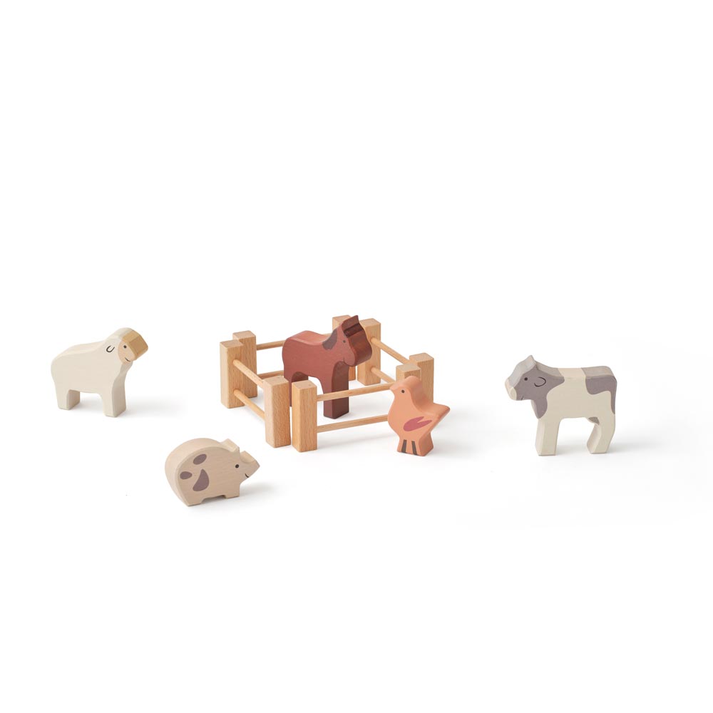 Bauernhoftiere-Spielset mit Zaun aus Holz
