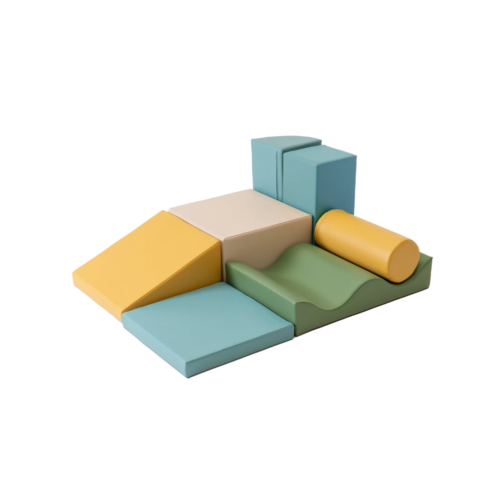 Motorikspielzeug Softblock 7-teiliges Bausteinset, türkises Pastell