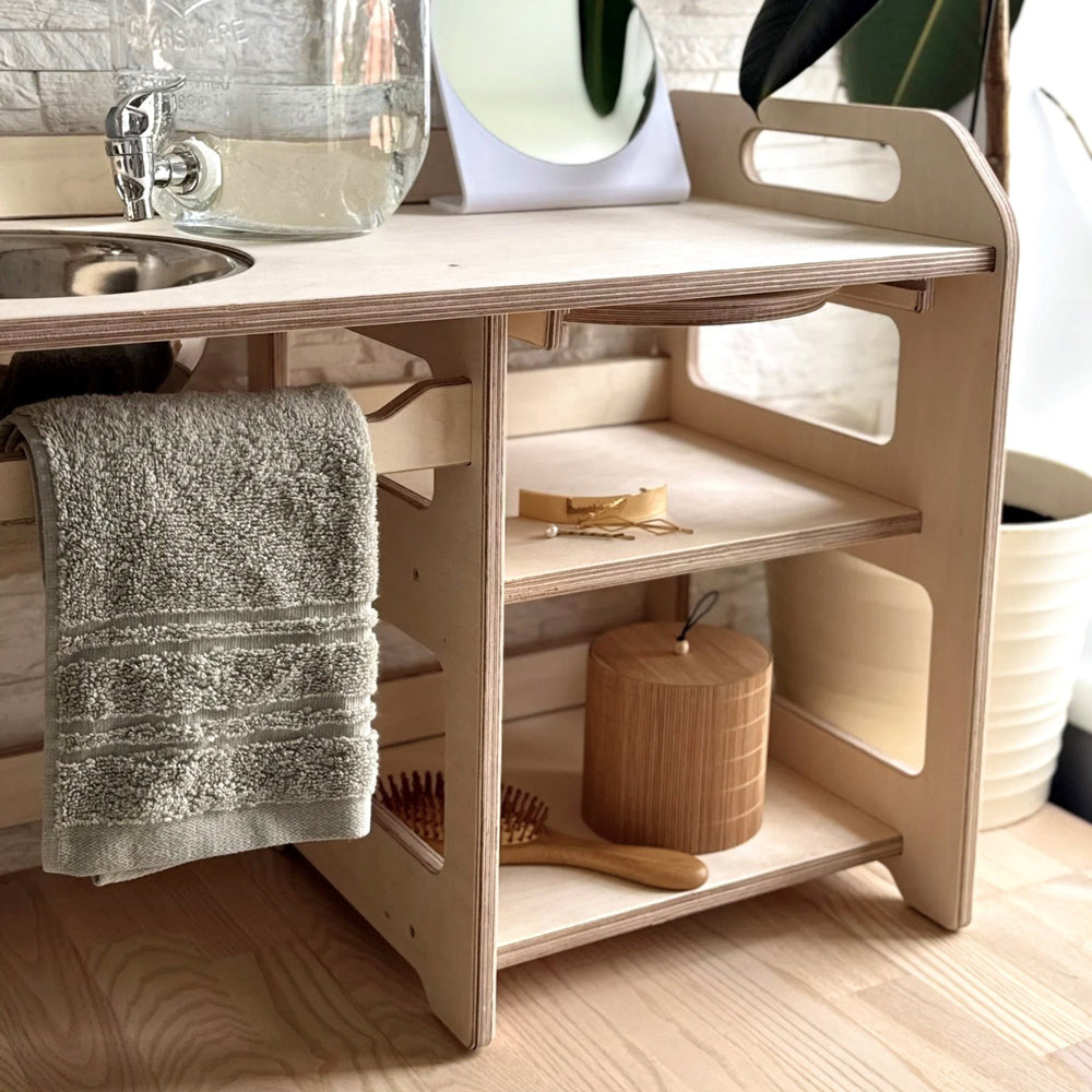 Montessori Kinder-Waschtisch aus Holz mit Stauraum & Emaille Schüssel, 74 cm breit