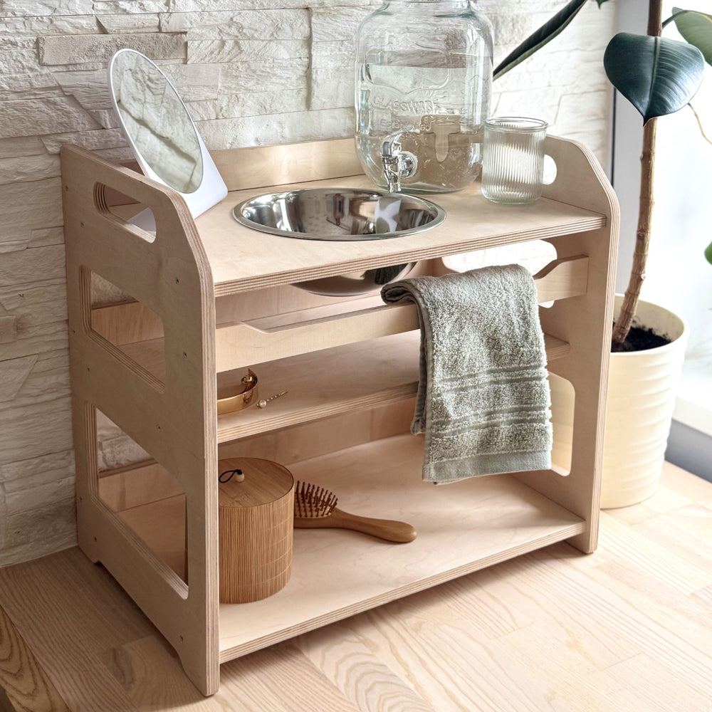 Montessori Kinder-Waschtisch aus Holz mit Stauraum & Emaille Schüssel, 50 cm breit