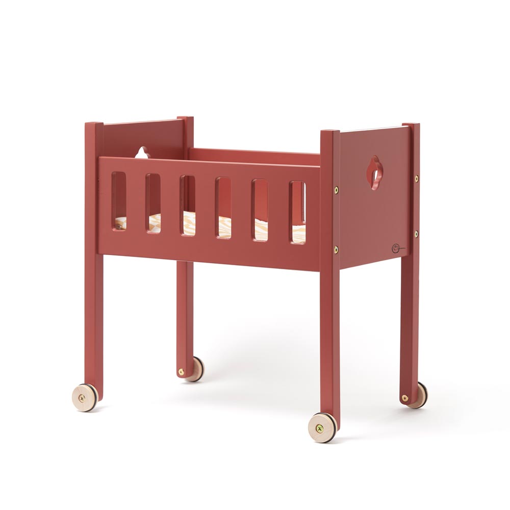 Puppenbettchen aus Holz mit Rädern & Puppenbettwäsche