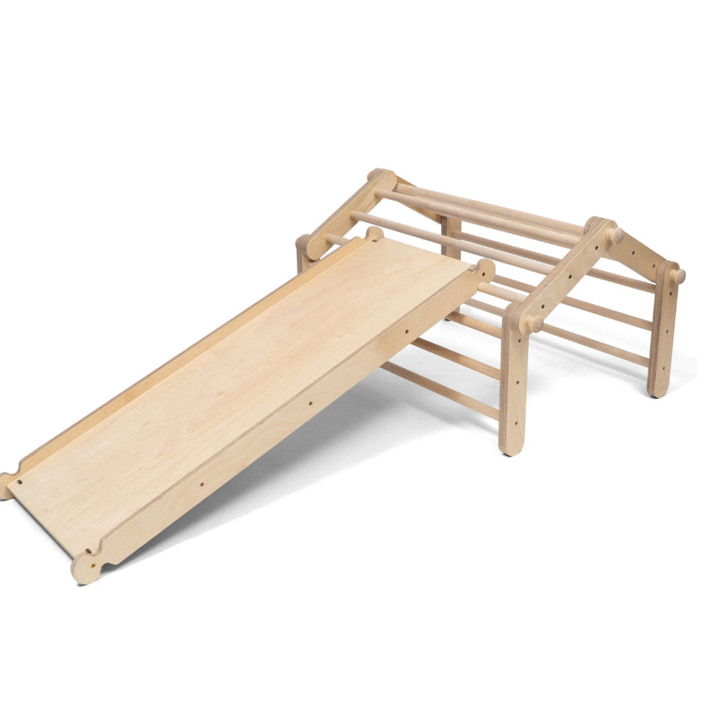 Pikler Kletterdreieck 4-teilig mit Rampe/Rutsche, Holz-Natur