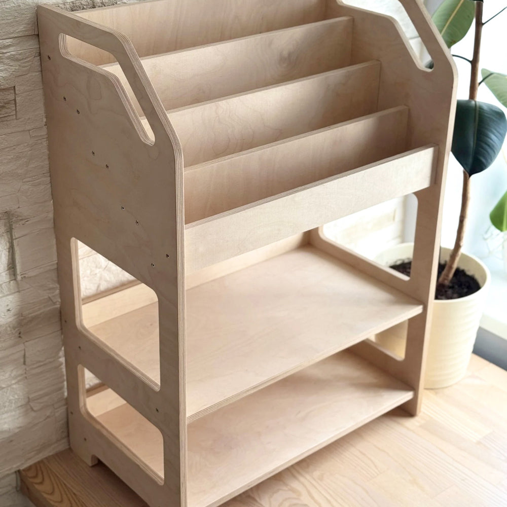 Montessori Bücherregal aus Holz mit Ablagefächern, handgefertigter Feinschliff