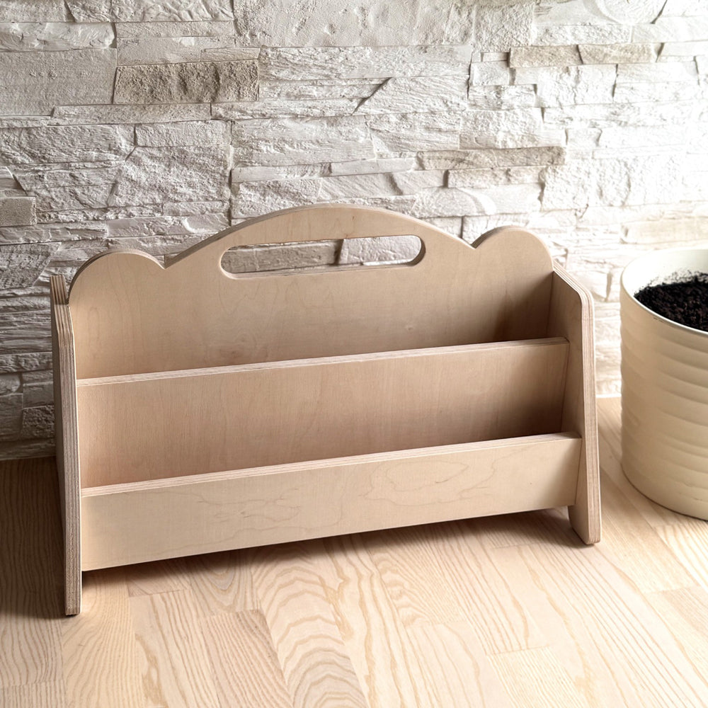 Montessori doppelseitiges Bücherregal aus Holz mit Griff, handgefertigter Feinschliff